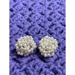Vintage Faux Pearl Cluster Clip On Earrings 1 inch
